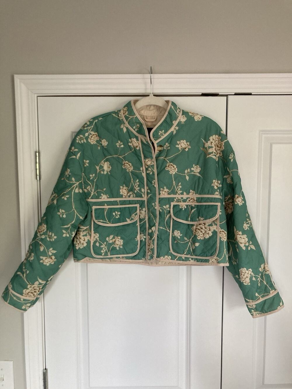 7 For All Mankind Teal Green Floral Quilted Cropped Jacket Women's Medium M